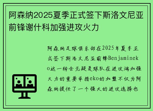阿森纳2025夏季正式签下斯洛文尼亚前锋谢什科加强进攻火力