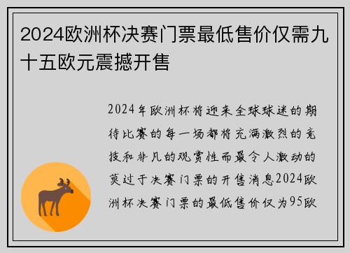 2024欧洲杯决赛门票最低售价仅需九十五欧元震撼开售